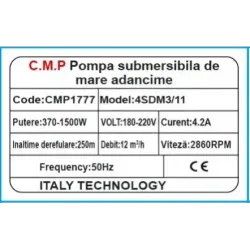 Pompa Submersibila 11 Turbine, Cablu 30M, Inaltime Refurlare 108M, Debit 3000 L/H